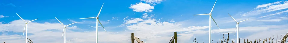 Holzsteg führt durch hohes Gras zu Windrädern unter blauem Himmel mit Wolken