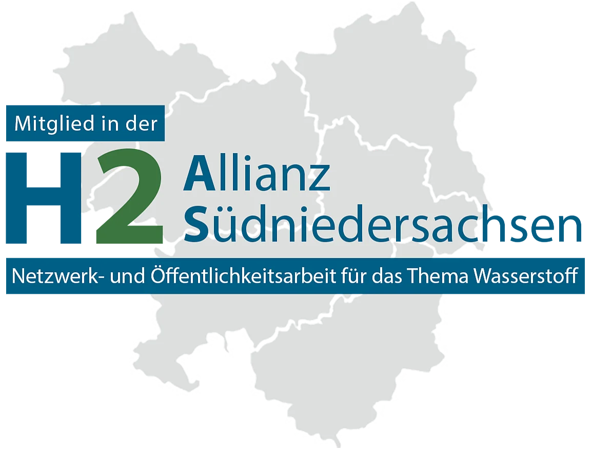 Mitglied in der H2 Allianz Südniersachsen Netzwerk und Öffentlichkeitsarbeit für das Thema Wasserstoff. Es handelt sich um das Logo mit dem Umriss von Südniedersachsen