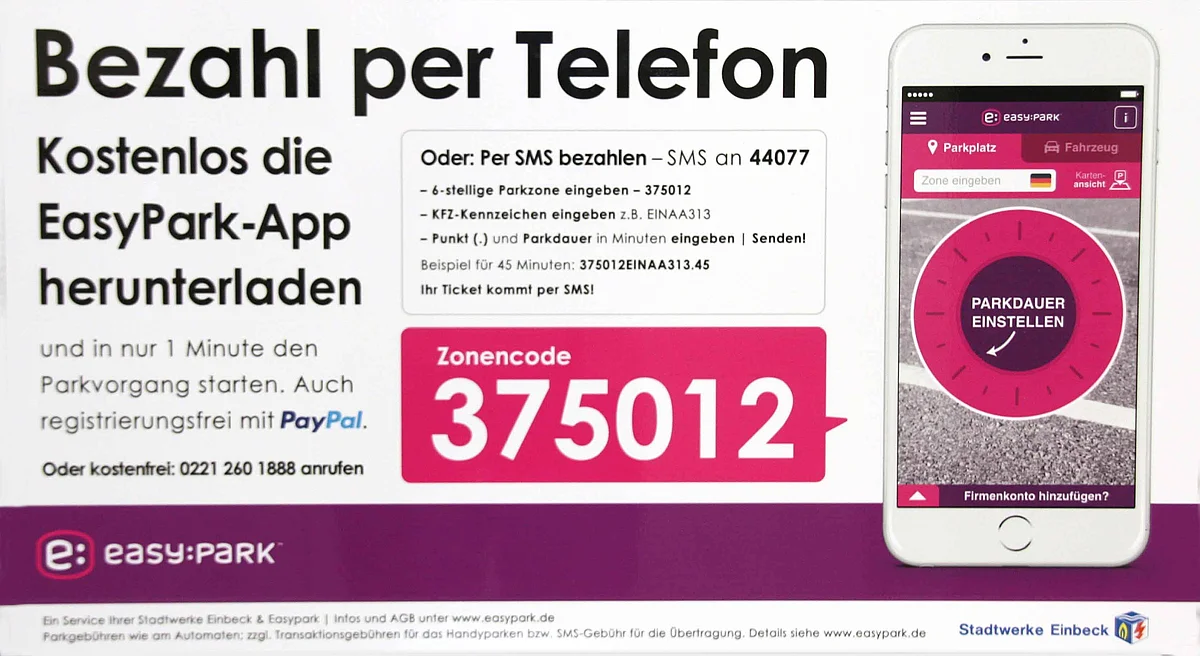 Werbung für die EasyPark-App zur telefonischen Bezahlung von Parkplätzen. Enthält Anweisungen zur Nutzung des Dienstes und zeigt den Zonencode 375012 sowie einen QR-Code für die App-Installation.